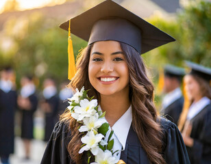 A woman wearing a graduation cap, gown, and long white floral lei, signaling the achievement of completing a degree. concept of graduation.