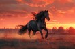   A horse gallops through a field as the sun sets, painting the sky pink and orange
