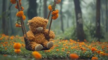   A  Bear Sits On A Swing Amidst A Field Of Wildflowers And Orange Blossoms