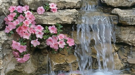 Wall Mural -   A tight shot of a waterfall with pink blooms in the foreground and a stone backdrop behind