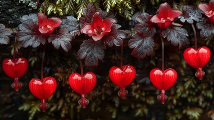 Sticker -  A line of red flowerheads, each shaped like a heart, suspended above green-leafed red flowers