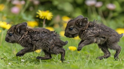   A pair of small animals atop a verdant field, adjacent to a bloom of yellow flowers