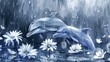   A painting of two dolphins swimming in the water, surrounded by daisies; rain gently falls on the daisies