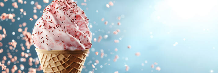 Wall Mural - Strawberry ice cream cone with pink sprinkles, falling particles against blue background banner. Panoramic web header. Wide screen wallpaper