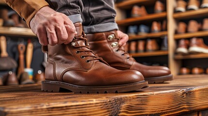 Sticker -   A tight shot of someonetrying on brown bootson a wooden tablein a shoestore