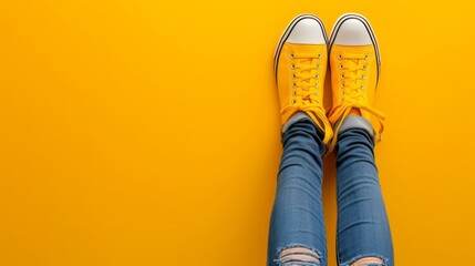   A woman in ripped jeans and yellow sneakers stands against a yellow backdrop, her feet adorned with matching yellow tennis shoes