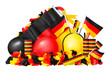 Various German party and fan decoration black red gold isolated on white background