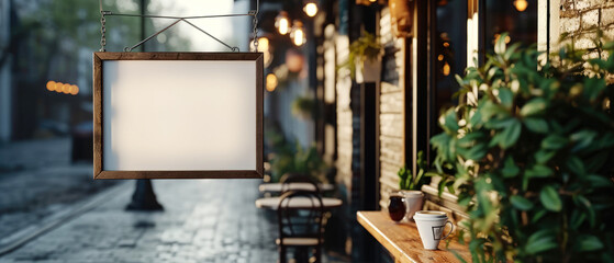 Empty wall sign board mockup at the city street. Template, banner for street store, cafe, cofeeshop, restaurant, branding. Facade exterior with billboard. Generative ai