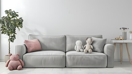 Wall Mural - Gray sofa and pillow in white child room interior