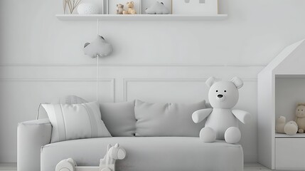 Wall Mural - Gray sofa and pillow in white child room interior