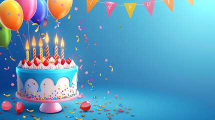 Happy birthday cake with burning candles balloons and pennant blue background