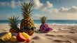 tropical fruit  with glasses on the beach with bokeh effect background