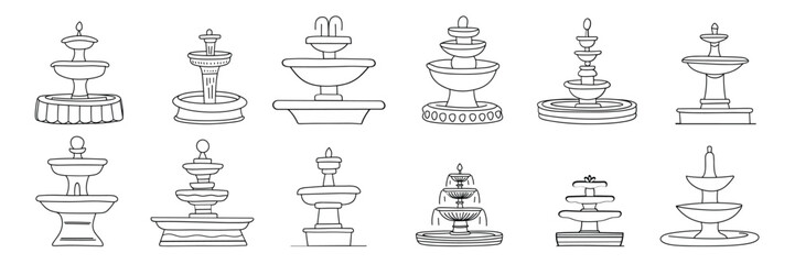 Wall Mural - Collection of fountain in doodle style. Fountain icons set. Hand drawn vector art.