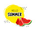 Summer banner with watermelon and text hello summer. Realistic watermelon slices with seeds on a yellow background. Vector illustration.