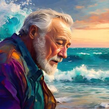 A Painted Picture Depicting A Sad Old Man On The Seashore