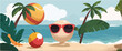 Summer Beach Party Banner or Poster. Tropical Island with Sunglasses and Beach Ball, Vector Illustration, Professional and Clean Design.