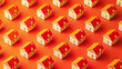 An arrangement of small house models forming a graph layout on a bright orange background to depict market trends