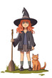 Teenage witch in a hat, with a broom and a red cat.