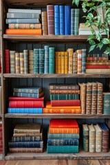 Wall Mural - A wooden bookshelf with many different types of books on it, AI