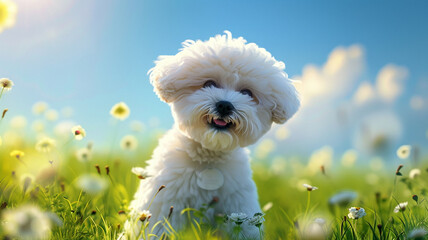 Wall Mural - Bichon Frize smiling on summer background