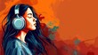 A vivid illustration of a girl with headphones on an orange background with paint splash effects