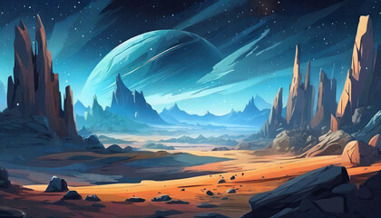 Wall Mural - Abstract illustration of space desert with rocks. Cosmic landscape. Dark blue sky. Fantasy planet.