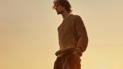 Poster - Serene Sunset Portrait of a Young Man in Casual Sweater