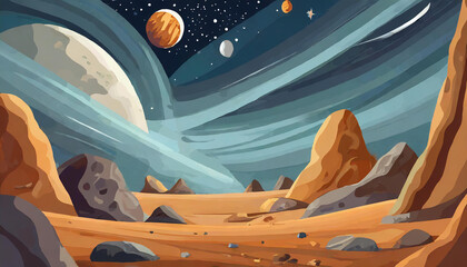 Wall Mural - Abstract illustration of outer space desert with rocks. Cosmic landscape. Fantasy alien planet.