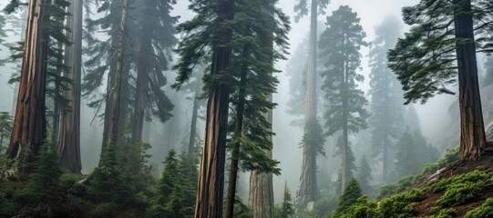 Wall Mural - Misty morning in the forest: Sequoias and pines emerge from the fog, creating a mysterious and beautiful landscape amidst the greenery