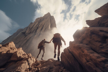 A group of climbers working together, determined to reach the summit of the mountain.