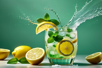 Poster - lemonade in a glass with lemon slices and mint