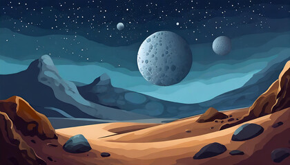 Wall Mural - Abstract illustration of space desert with rocks. Cosmic landscape. Blue sky. Fantasy alien planet.