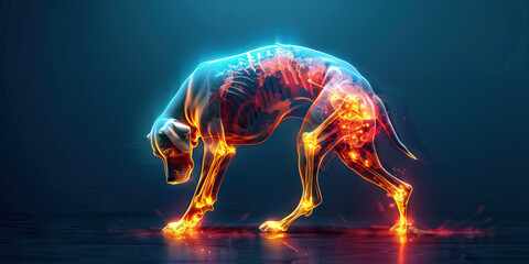 Wall Mural - Canine Cruciate Ligament Injury: The Knee Pain and Limping - Visualize a dog with highlighted knee showing ligament tear, experiencing knee pain and limping, illustrating the symptoms of cruciate liga