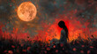 Lunar Eclipse Reverie: Serene Oil Painting of Night Garden During Celestial Event
