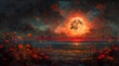 Mystical Moonlit Garden: Oil Painting of Reddish Sky and Luminous Flora