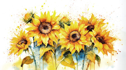Wall Mural - Watercolor sunflowers art, ala prima, painting with spots and splashes, picturesque still life, summer and autumn sunny flowers, poster, background, wallpaper, generative AI