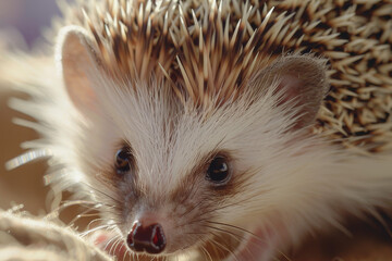 Wall Mural - A close-up portrait of a hedgehog, focusing on its distinctive features such as the spiky spines, small face, and curious eyes - Generative AI