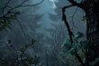 A spiderweb stretched between branches in a dimly lit, foggy forest, adding an eerie touch to the natural landscape - Generative AI