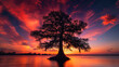 majestic silhouette of a Bald Cypress tree against a vibrant sunset sky, its feathery foliage and towering trunk