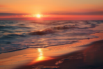 Wall Mural - the tranquil beauty of a sunset on the seashore, with the sun dipping below the horizon and casting 