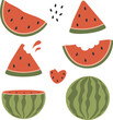 Vector set of watermelons, watermelon slice, watermelon heart, tropical fruit collection design for interior, poster, banner