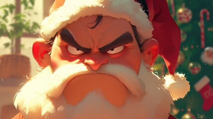 Wall Mural - A whimsical animated character portraying a grumpy man sporting a Santa hat