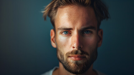 Close-up portrait of a serious man with a beard in a casual outfit, dark room