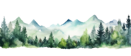 Watercolor mountains spruce trees landscape forest border, spring, summer, awakening of nature, isolated illustration transparent background, wedding invitation, Generative ai