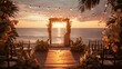 The low sun sparkles through a beach wedding backdrop
