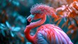 Flamboyant flamingo adorned with a bejeweled headdress, wearing a feathery boa, amidst a tropical paradise backdrop, lit with vibrant hues, radiating extravagance and charm