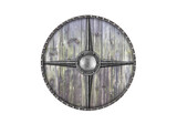 Fototapeta Tęcza - Old wooden round shield isolated on white background