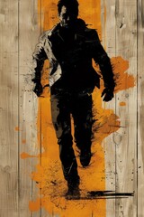 Canvas Print - A man walking on a wooden plank with orange paint splatters, AI