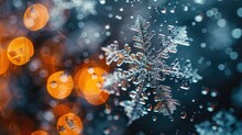 A Beautiful Snowflake On A Window With A Blurry Orange Background.