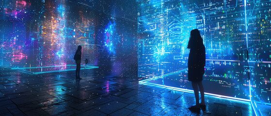 People silhouettes in world of social media, human and digital data information, abstract dark news background. Concept of global network, connect, online